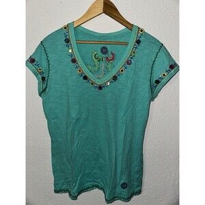 Double D Ranch Embroidered Floral Holy Cross Heavy Stitch Trim Womens Shirt Sz L